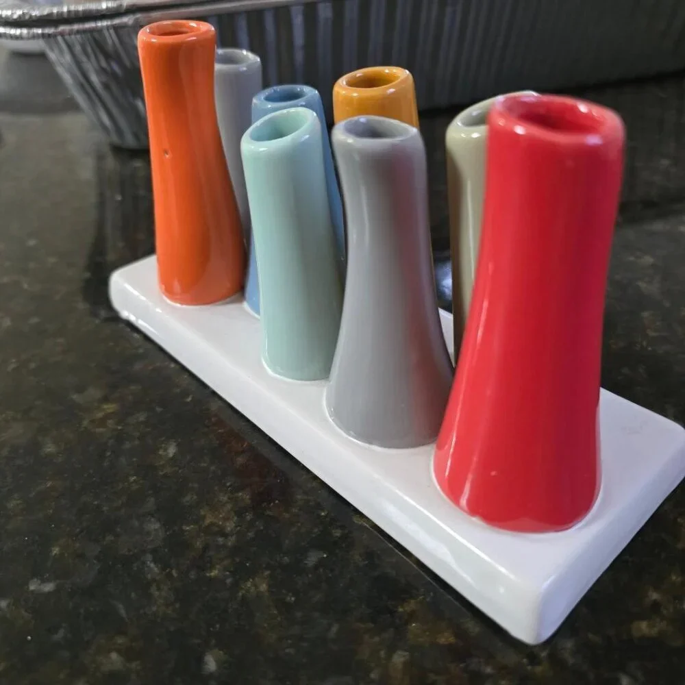 Chive Pooley ceramic bud free stand vase featuring 8 colorful tubes 7.5x3x4.5